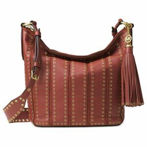 MICHAEL KORS GENUINE Brooklyn Grommet Med-Large LEATHER Feed Bag Brick Red NWT